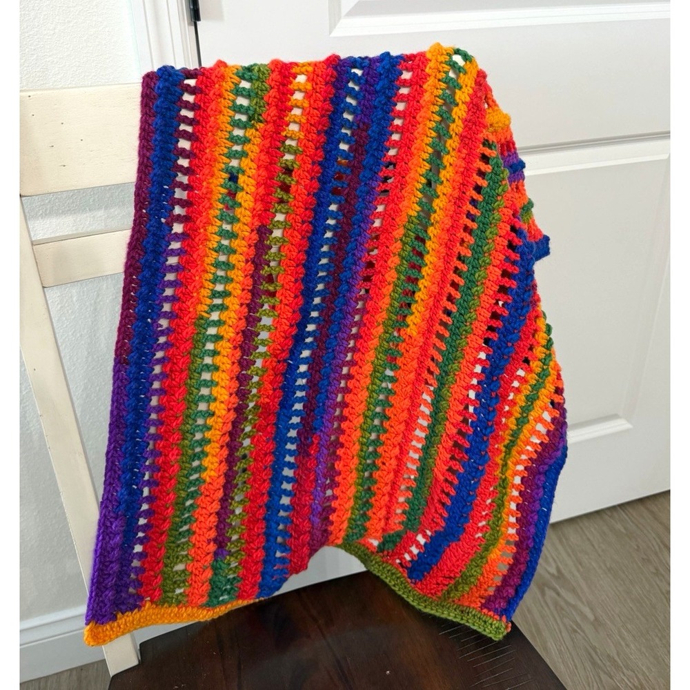 Handmade Crochet  Baby Blanket Striped Multicolor Boho Textured 20 1/2 x 37 1/2